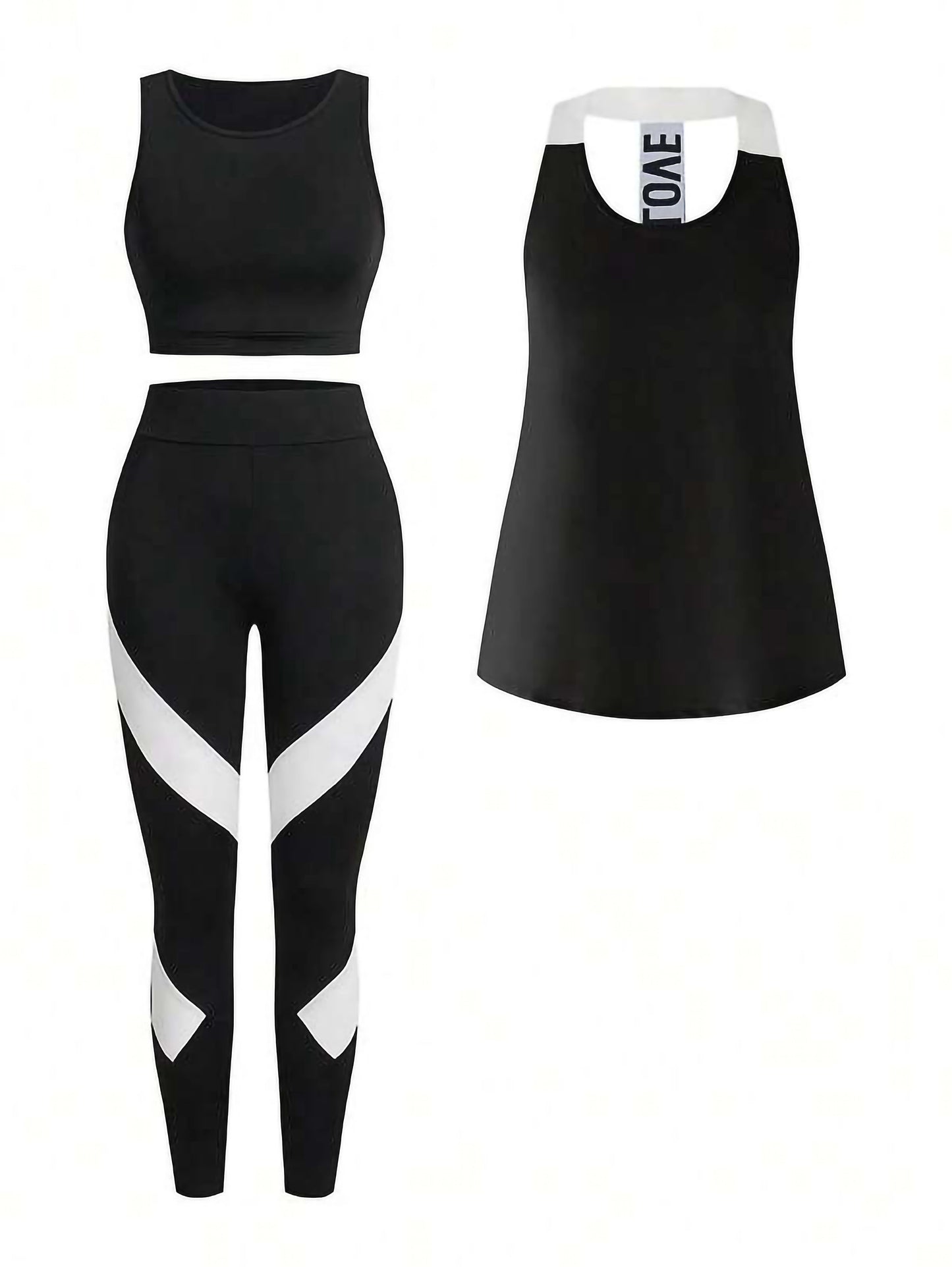 Black Women’s 3-Piece Activewear Set – Racerback Tank, Crop Top & High-Waist Leggings