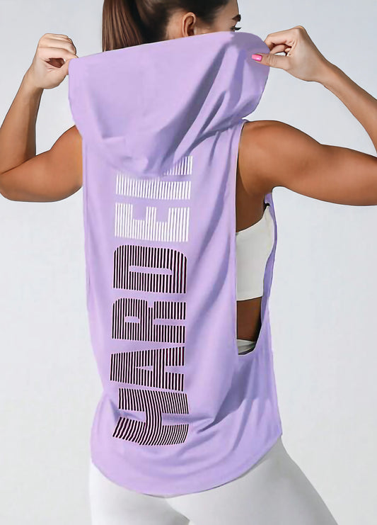 Purple Women’s Sleeveless Workout Hoodie Tank with Print
