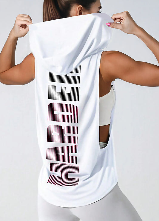 White Women’s Sleeveless Workout Hoodie Tank with Print