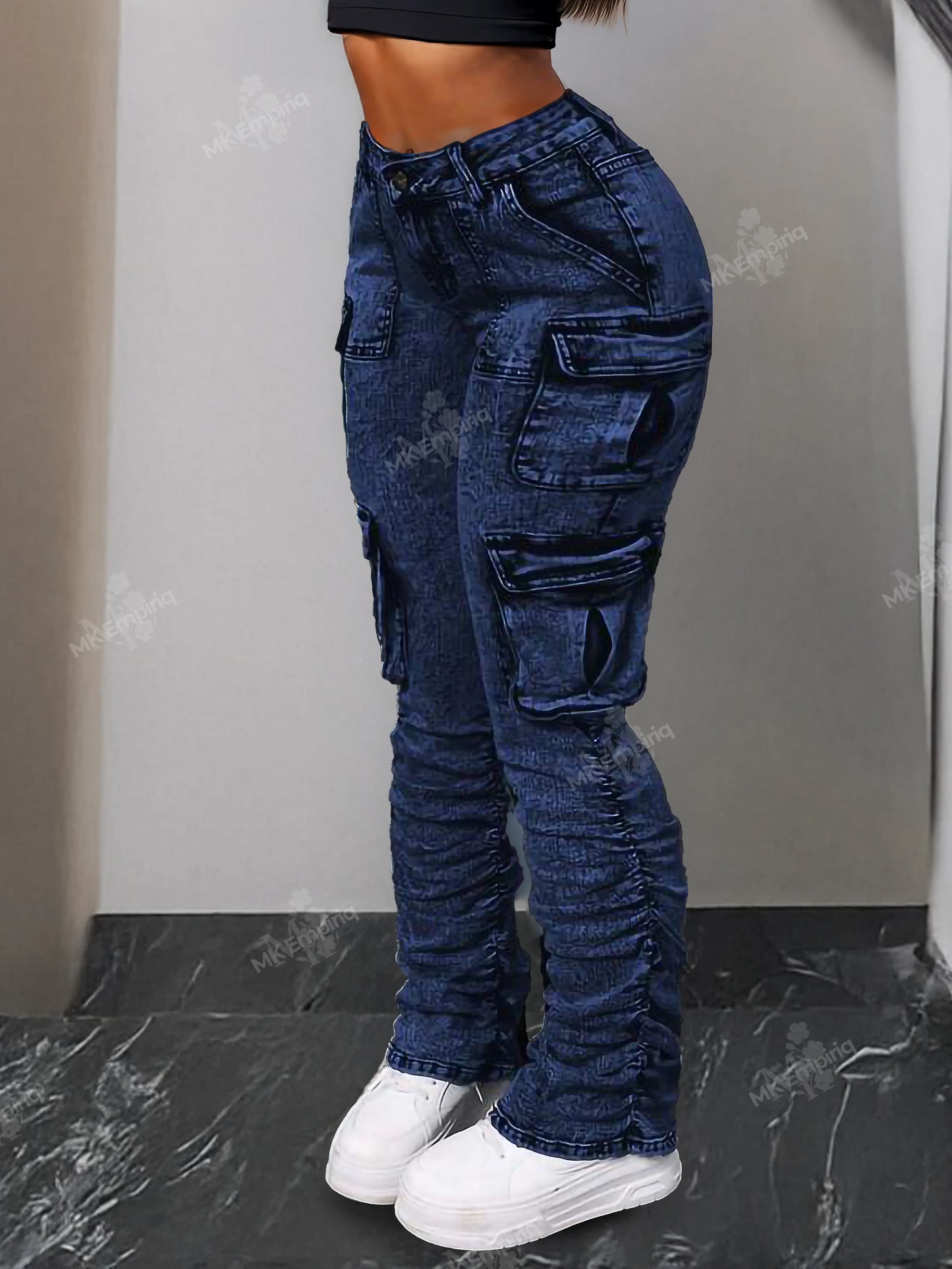 Navy Blue Women’s Cargo Skinny Jeans – High Waist Ruched Streetwear Denim with Pockets