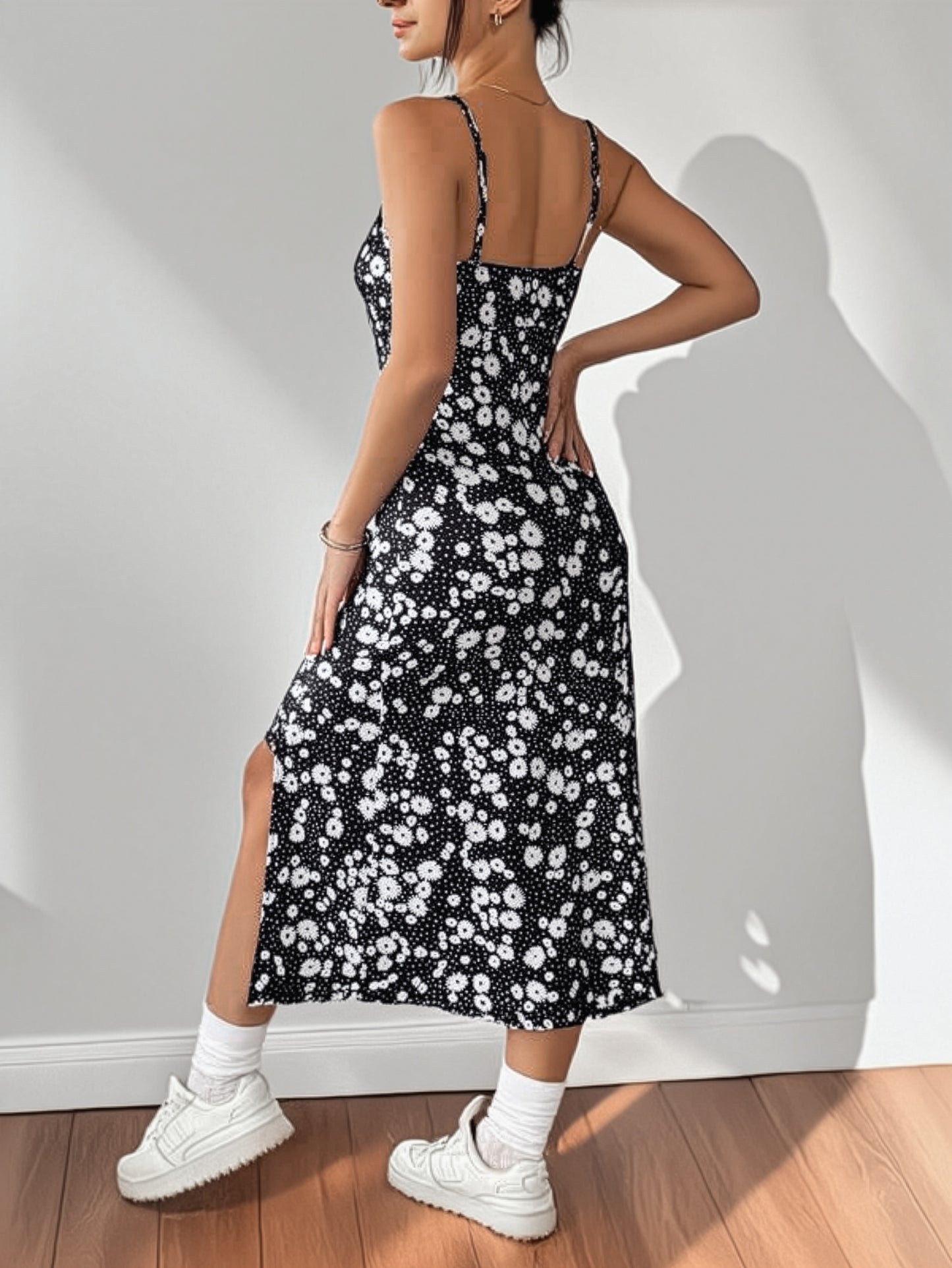 Black Floral Spaghetti Strap Slit Midi Dress