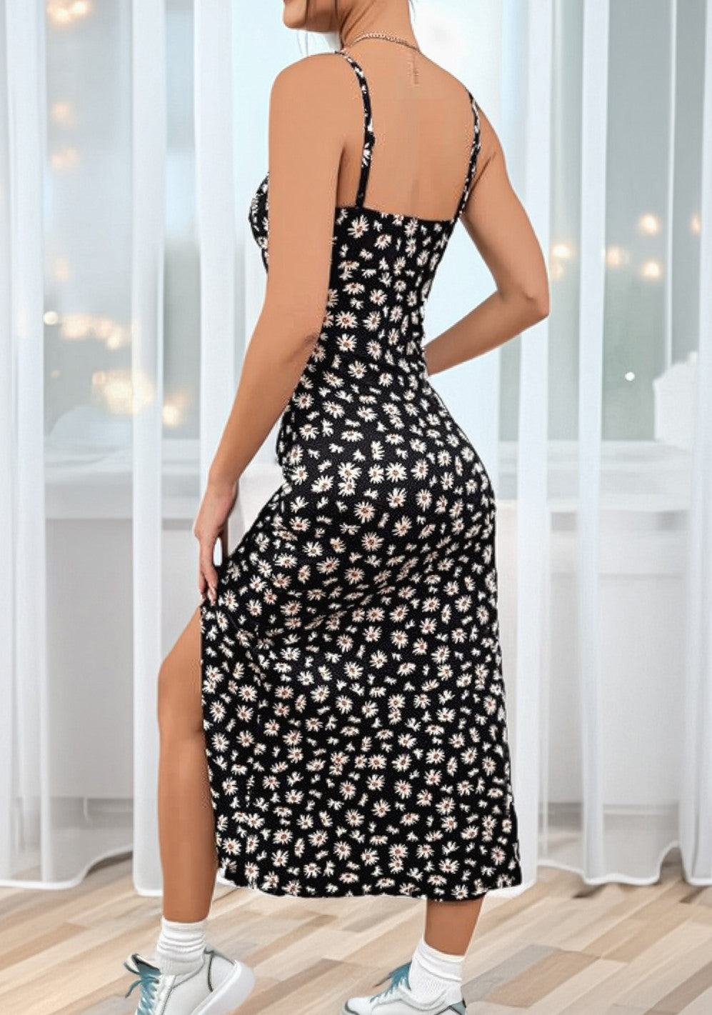 Black Daisy Floral Spaghetti Strap Slit Midi Dress