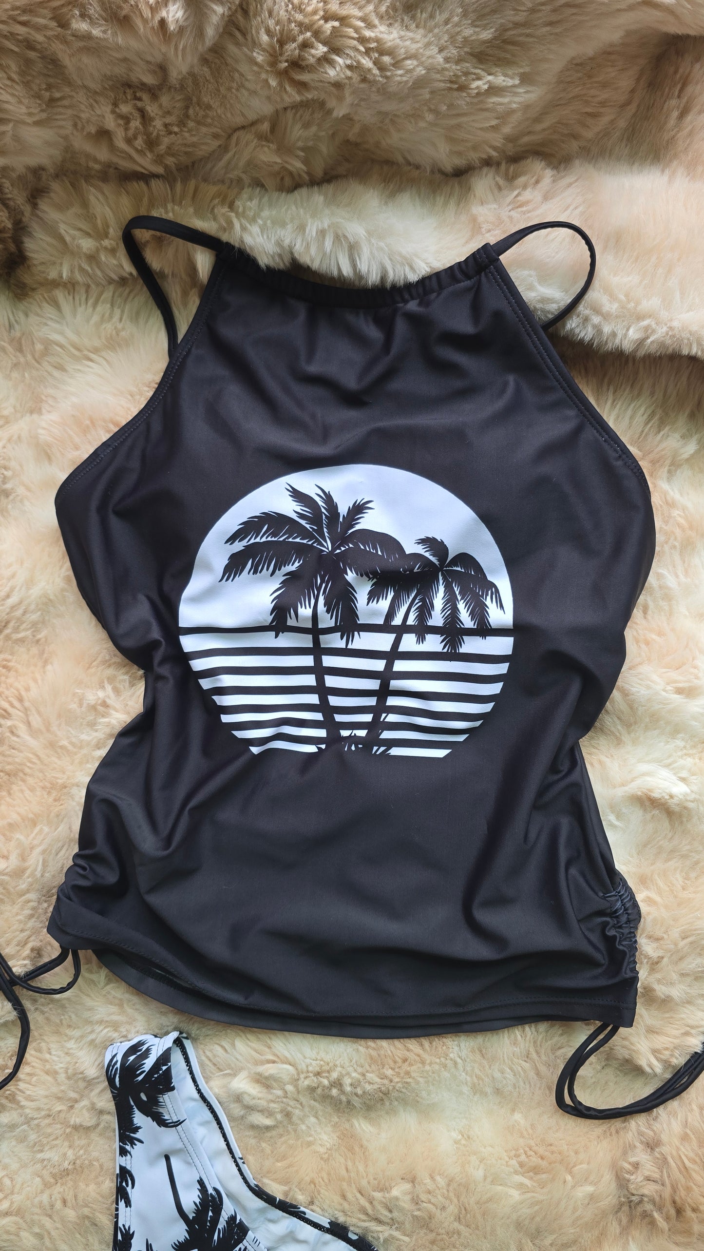 Black 2-Piece Palm Tree Print Halter Tankini Set – Drawstring Side Boho Swimsuit