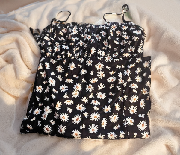 Black Daisy Floral Spaghetti Strap Slit Midi Dress