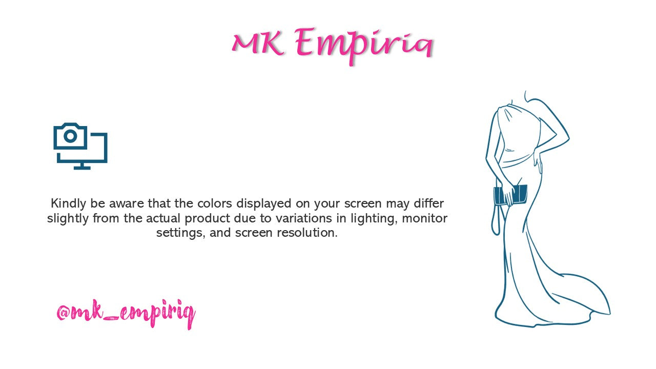 MK Empiria logo with a dress illustration and text about color display variations on a white background.