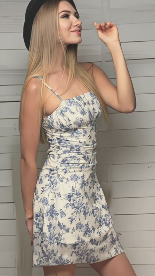 Blue & White Women’s Floral Mesh Halterneck Summer Vacation Dress