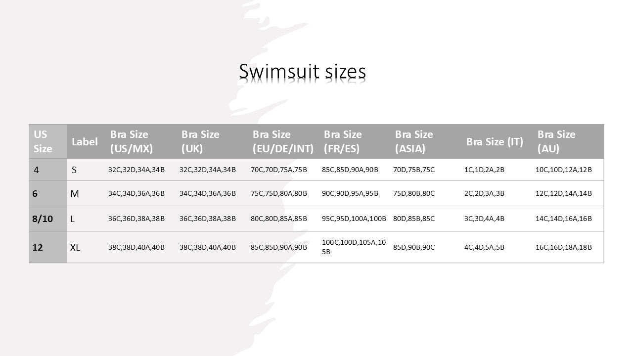 Swimsuit size chart with various measurements on a white background