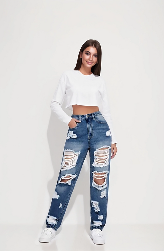 Dark Blue High-Waisted Distressed Boyfriend Jeans – Ripped Straight Leg Casual Denim for Women