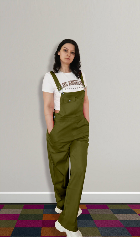 Army Olive Women’s High-Waist Wide-Leg Overalls – Casual Street Style Suspender Jumpsuit