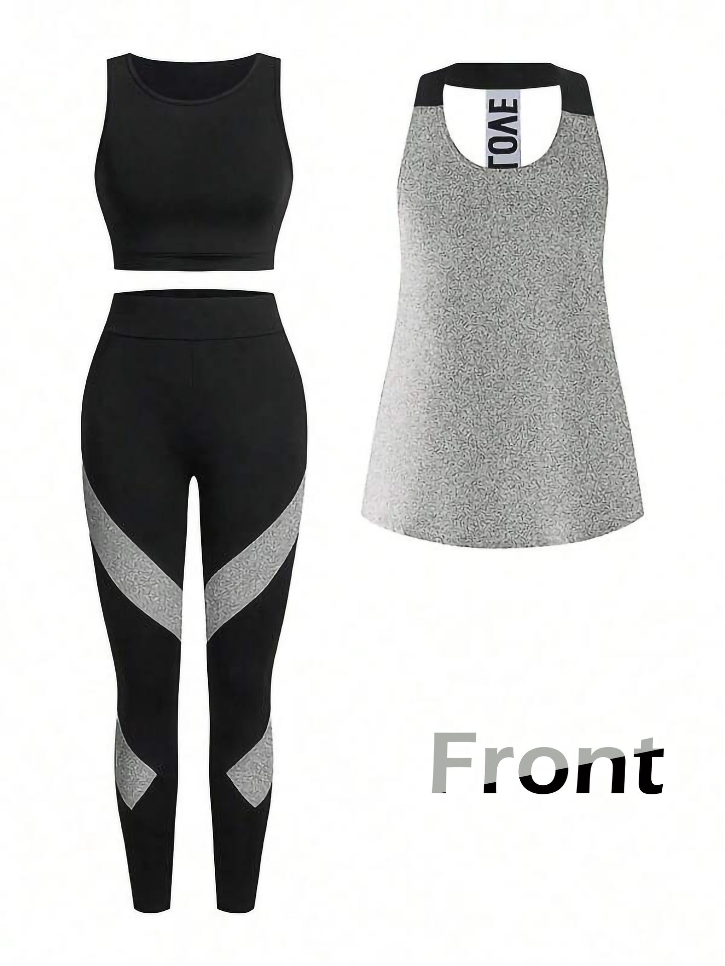 Grey Women’s 3-Piece Activewear Set – Racerback Tank, Crop Top & High-Waist Leggings