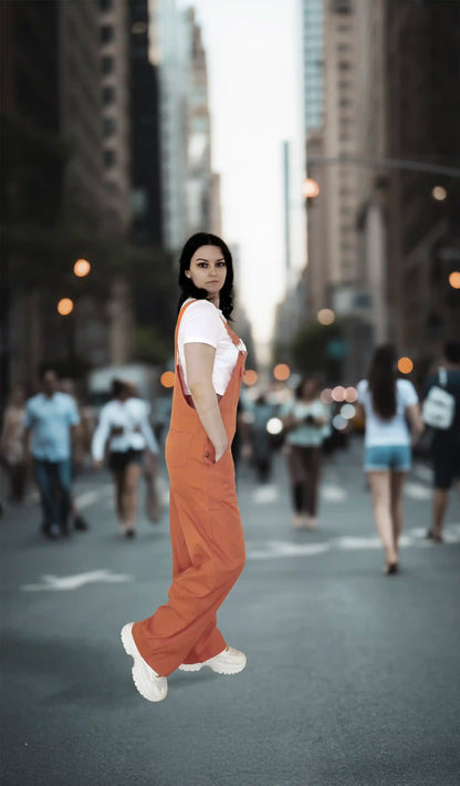 Orange Women’s High-Waist Wide-Leg Overalls – Casual Street Style Suspender Jumpsuit