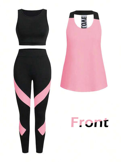 Light Pink Women’s 3-Piece Activewear Set – Racerback Tank, Crop Top & High-Waist Leggings