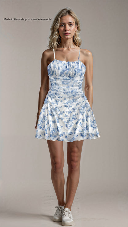 Blue & White Women’s Floral Mesh Halterneck Summer Vacation Dress