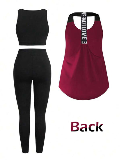 Burgundy Women’s 3-Piece Activewear Set – Racerback Tank, Crop Top & High-Waist Leggings