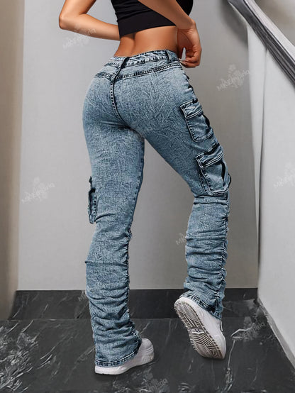 Light Blue Women’s Cargo Skinny Jeans – High Waist Ruched Streetwear Denim with Pockets
