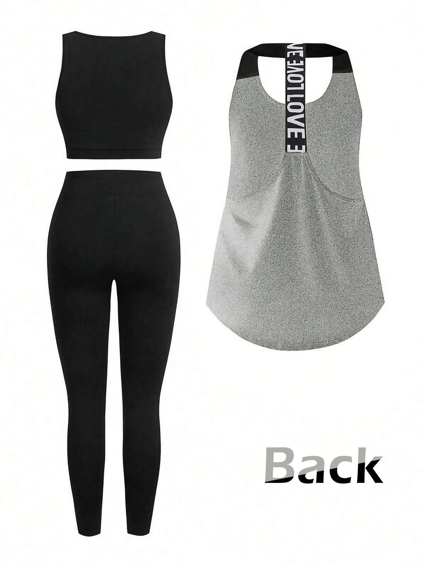 Grey Women’s 3-Piece Activewear Set – Racerback Tank, Crop Top & High-Waist Leggings