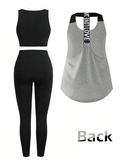 Grey Women’s 3-Piece Activewear Set – Racerback Tank, Crop Top & High-Waist Leggings