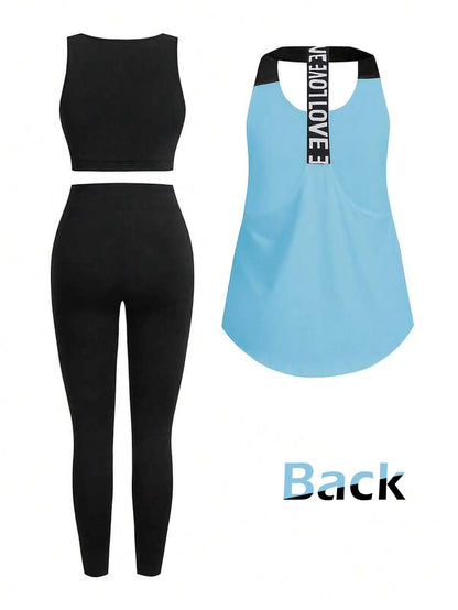 Light Blue Women’s 3-Piece Activewear Set – Racerback Tank, Crop Top & High-Waist Leggings