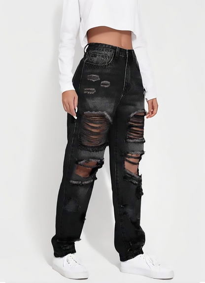 Black High-Waisted Ripped Distressed Boyfriend Jeans for Women