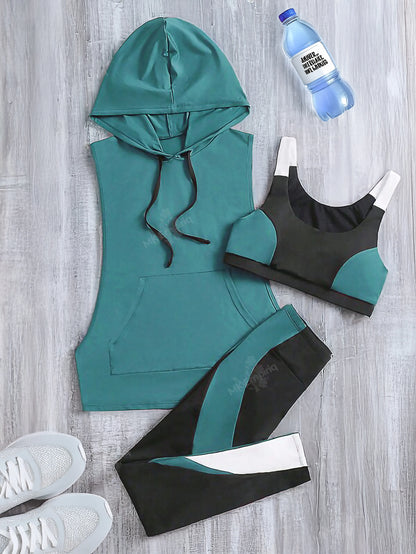 Green Women’s 3-Piece Colorblock Activewear Set – Sleeveless Hoodie, Sports Bra & Leggings