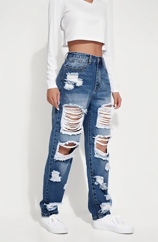 Dark Blue High-Waisted Distressed Boyfriend Jeans – Ripped Straight Leg Casual Denim for Women