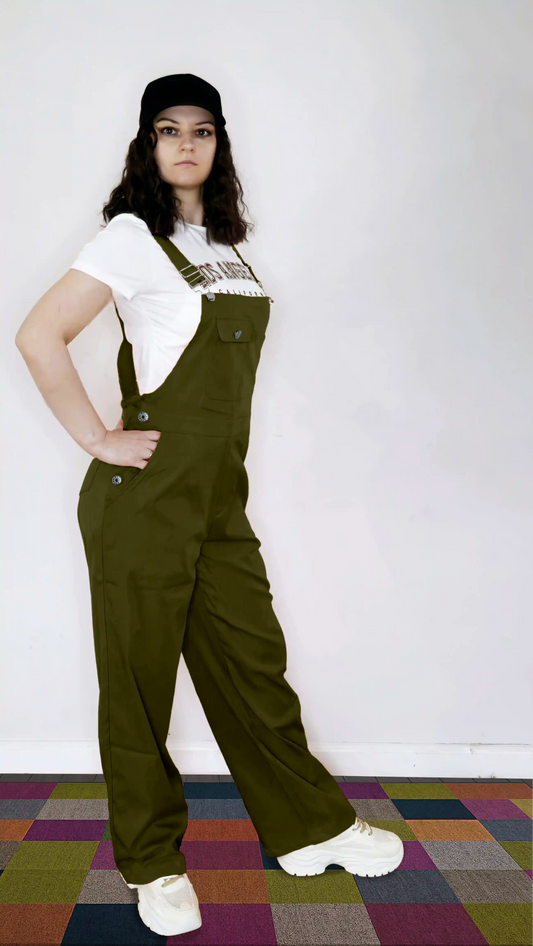 Army Olive Women’s High-Waist Wide-Leg Overalls – Casual Street Style Suspender Jumpsuit