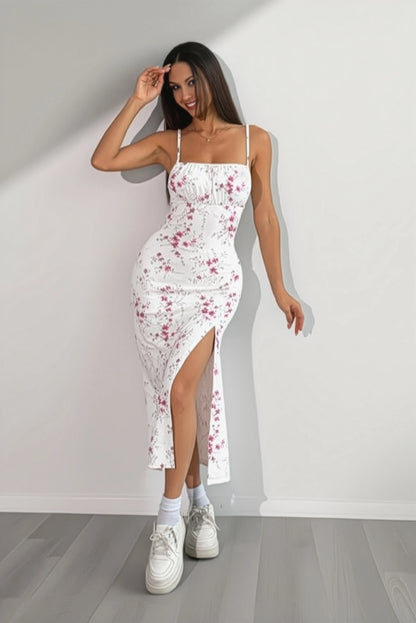 White & Pink Floral Spaghetti Strap Slit Midi Dress