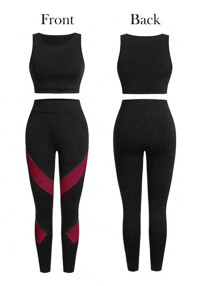 Burgundy Women’s 3-Piece Activewear Set – Racerback Tank, Crop Top & High-Waist Leggings