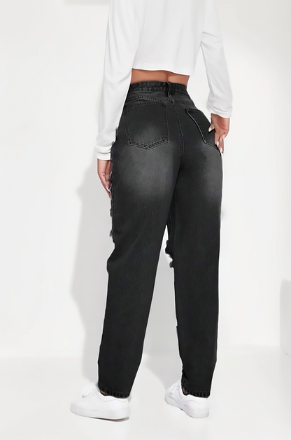 Black High-Waisted Ripped Distressed Boyfriend Jeans for Women