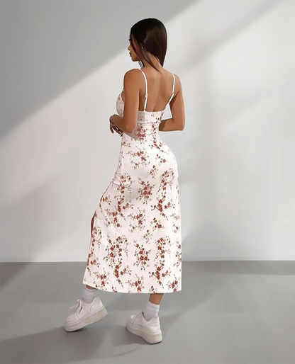 White & Brown Floral Spaghetti Strap Slit Midi Dress