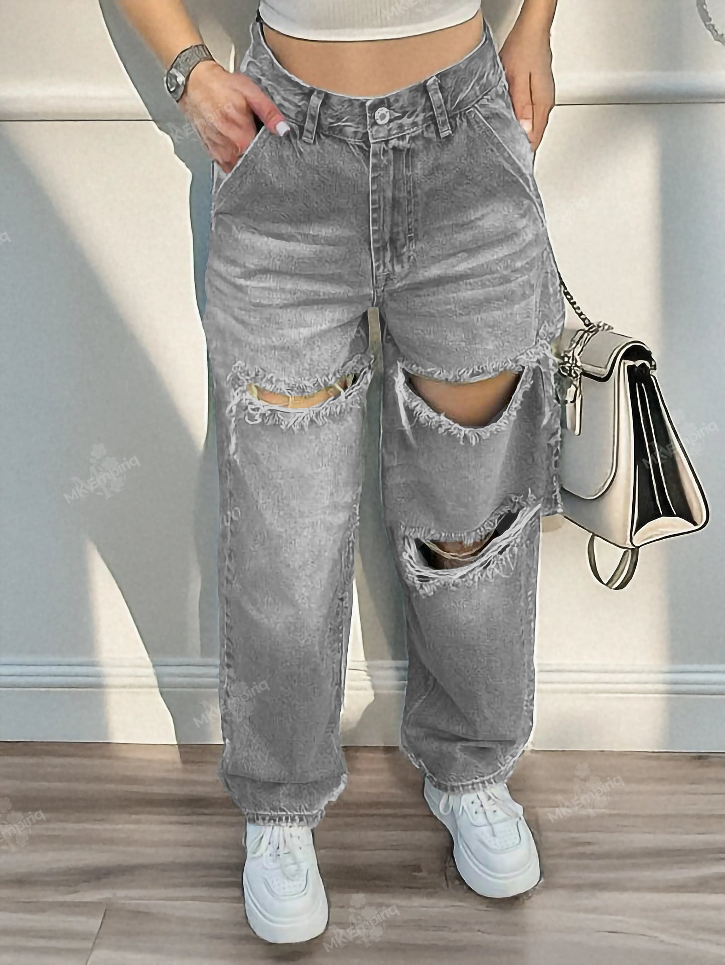 Grey Women's Baggy Ripped Straight-Leg Jeans – Mid Waist, Denim Streetwear
