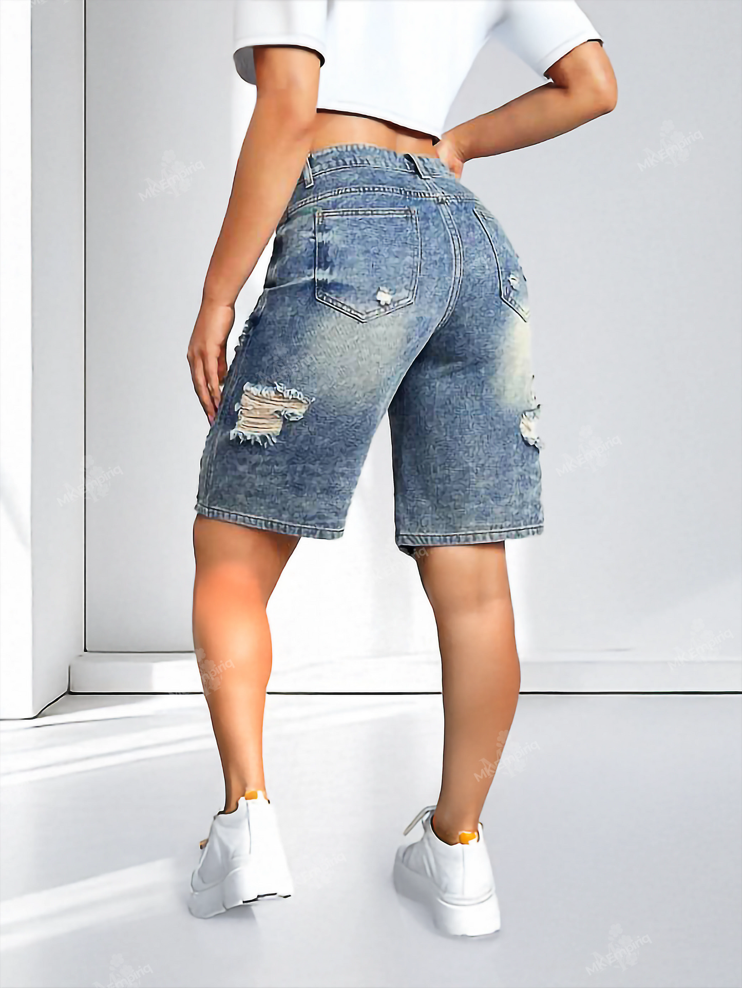Blue Women’s Distressed Bermuda Denim Shorts – Low Waist, Casual Streetwear