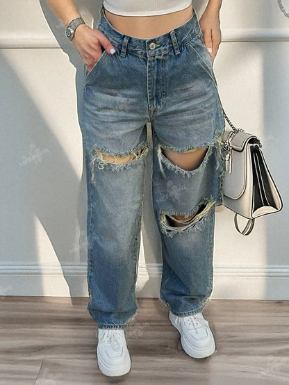 Blue Women's Baggy Ripped Straight-Leg Jeans – Mid Waist, Denim Streetwear