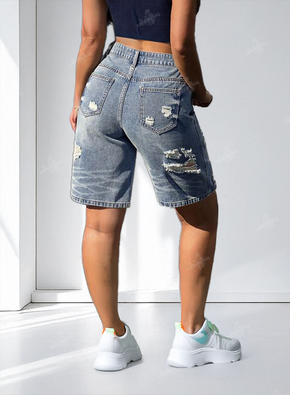 Blue Women’s Distressed Bermuda Petite Denim Shorts – Low Waist, Casual Streetwear