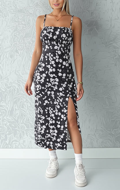 Black Floral Spaghetti Strap Slit Midi Dress