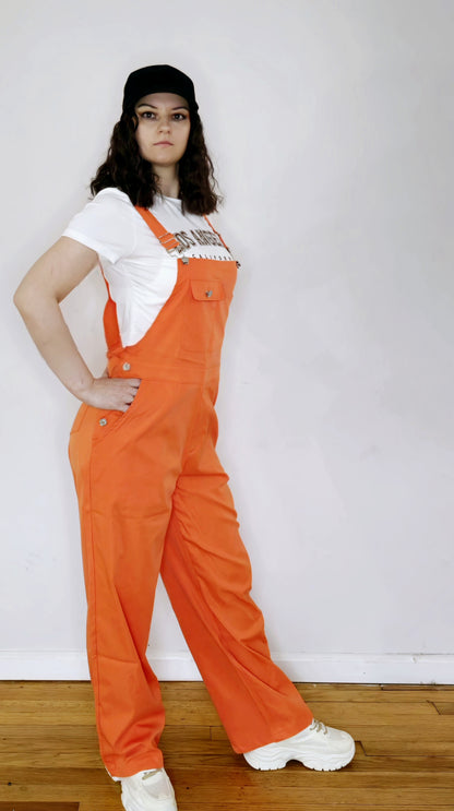 Orange Women’s High-Waist Wide-Leg Overalls – Casual Street Style Suspender Jumpsuit