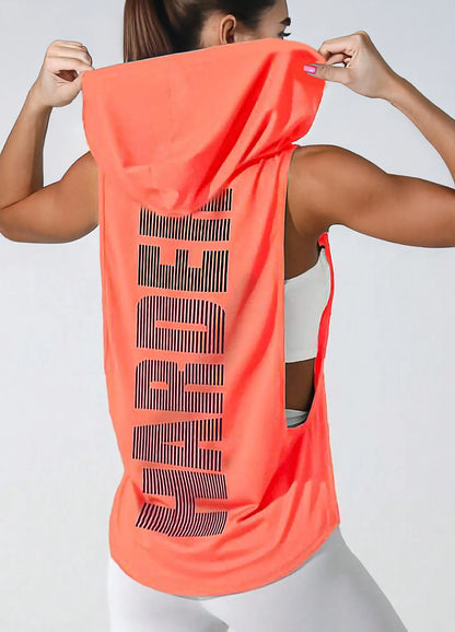 Orange Women’s Sleeveless Workout Hoodie Tank with Print