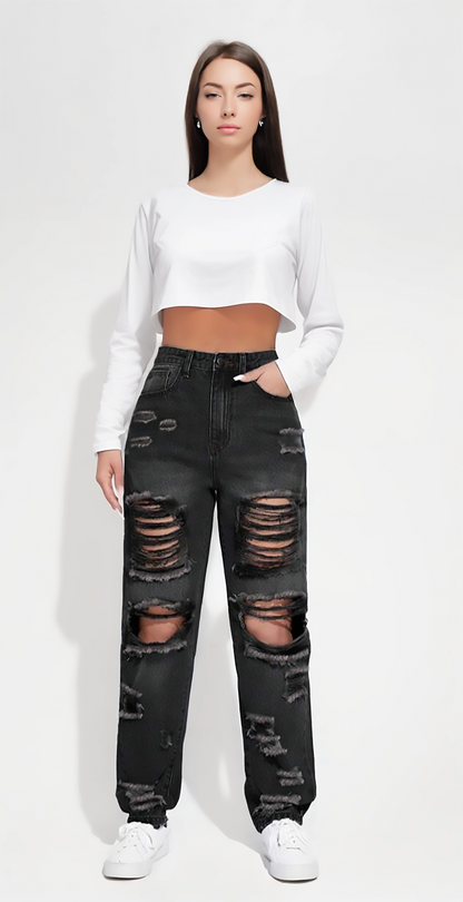 Black High-Waisted Ripped Distressed Boyfriend Jeans for Women