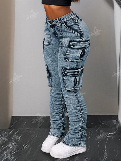 Light Blue Women’s Cargo Skinny Jeans – High Waist Ruched Streetwear Denim with Pockets