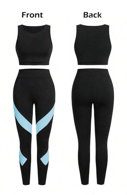 Light Blue Women’s 3-Piece Activewear Set – Racerback Tank, Crop Top & High-Waist Leggings