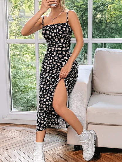 Black Daisy Floral Spaghetti Strap Slit Midi Dress