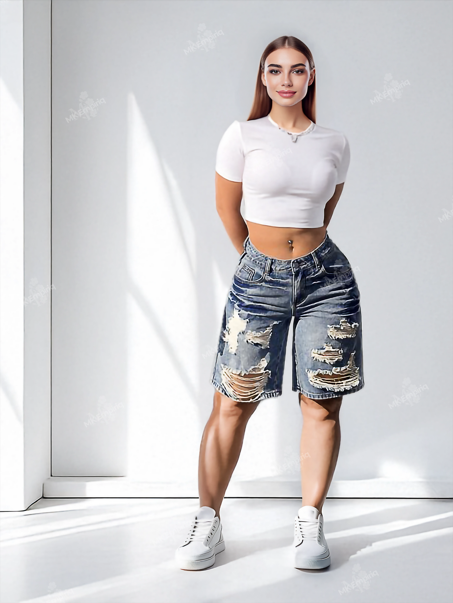 Blue Women’s Distressed Bermuda Petite Denim Shorts – Low Waist, Casual Streetwear