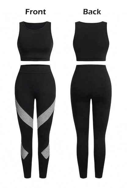 Grey Women’s 3-Piece Activewear Set – Racerback Tank, Crop Top & High-Waist Leggings