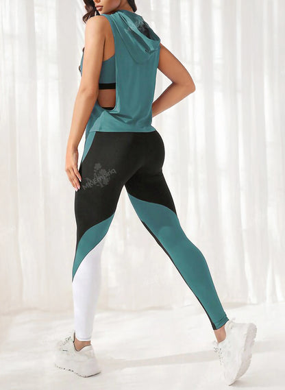 Green Women’s 3-Piece Colorblock Activewear Set – Sleeveless Hoodie, Sports Bra & Leggings