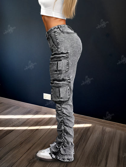 Grey Petite Women’s Cargo Skinny Jeans – High Waist Ruched Streetwear Denim with Pockets