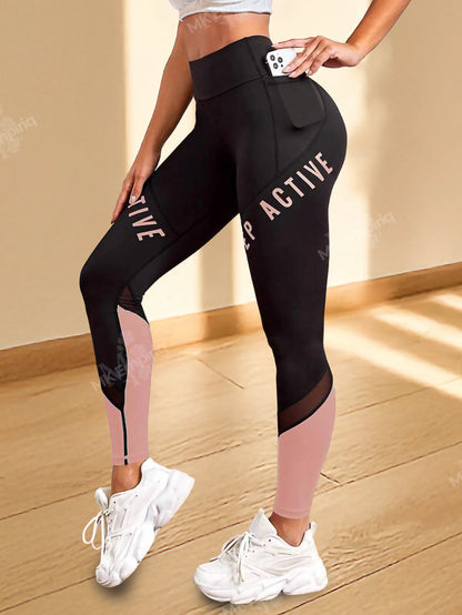 Black & Pink High-Waist Colorblock Mesh Leggings with Phone Pocket – Seamless Activewear