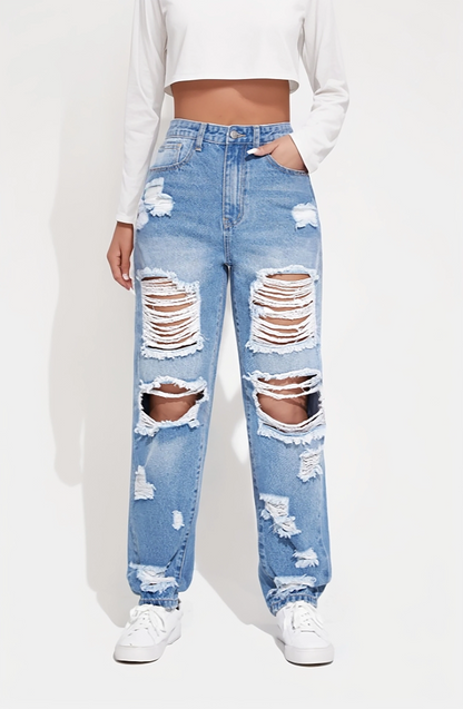Light Blue High-Waisted Ripped Distressed Boyfriend Jeans for Women
