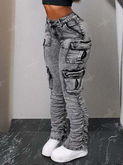 Grey Regular Women’s Cargo Skinny Jeans – High Waist Ruched Streetwear Denim with Pockets