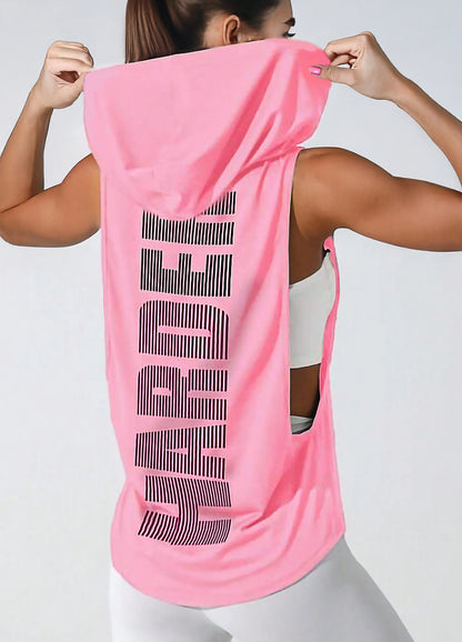 Pink Women’s Sleeveless Workout Hoodie Tank with Print