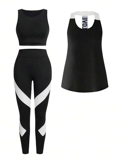 Black Women’s 3-Piece Activewear Set – Racerback Tank, Crop Top & High-Waist Leggings